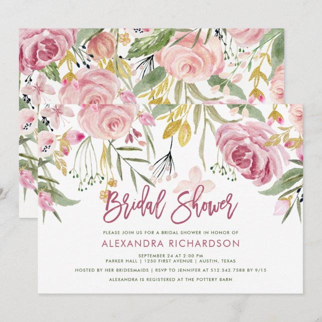 Invitación Floral dorada Rubor color de agua rosa ducha de no (Anverso / Reverso)