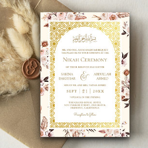 Invitación Floral Dorado Patrón Musulmán Boda Terroso Crema