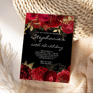 Invitación Floral dorado y rojo Cumpleaños 60 negro y blanco