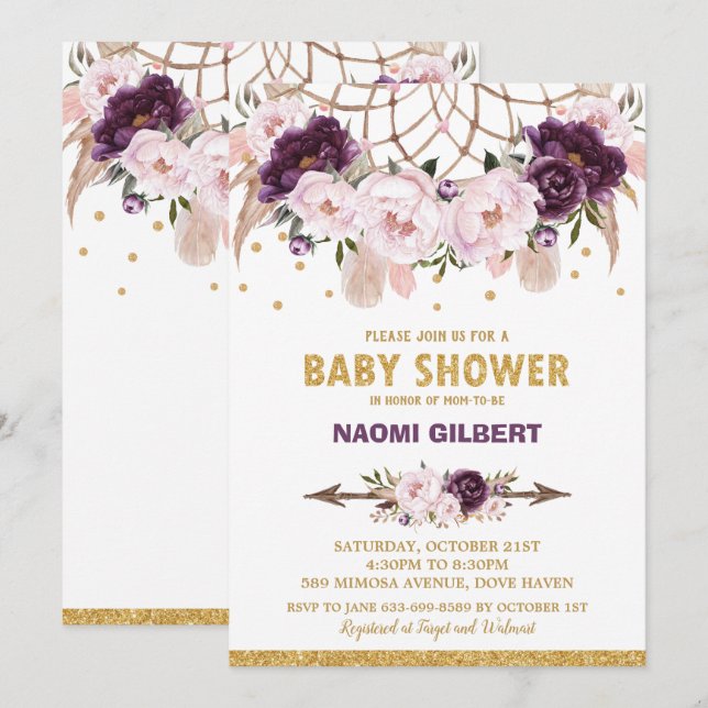 Invitación Floral Dream Catcher Baby Shower Chica Purple Rubo (Anverso / Reverso)
