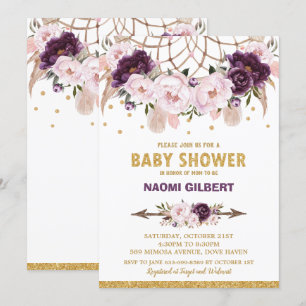 Invitación Floral Dream Catcher Baby Shower Chica Purple Rubo
