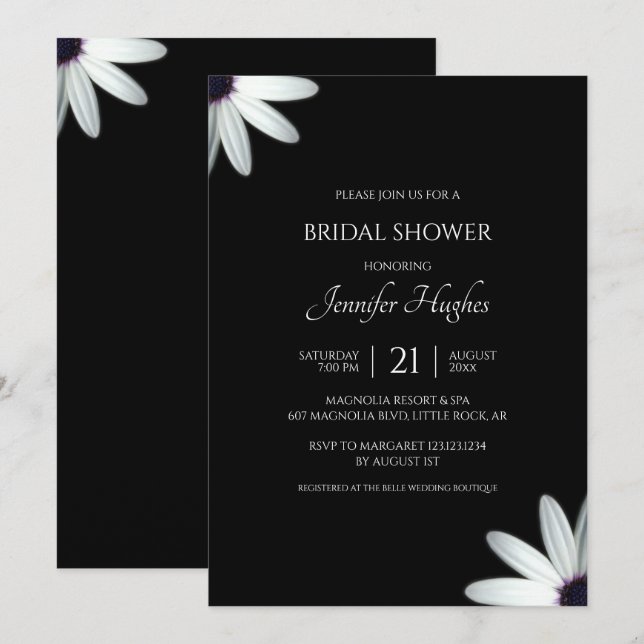 Invitación Floral ducha de novia blanca y negra (Anverso / Reverso)