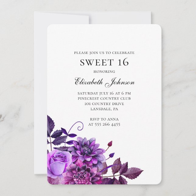 Invitación Floral dulce 16. Flores moradas 16 años (Anverso)