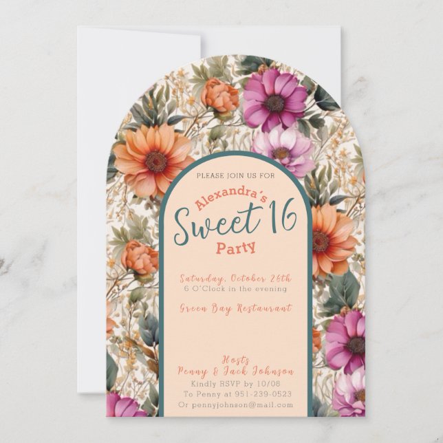 Invitación floral dulce dieciséis (Anverso)