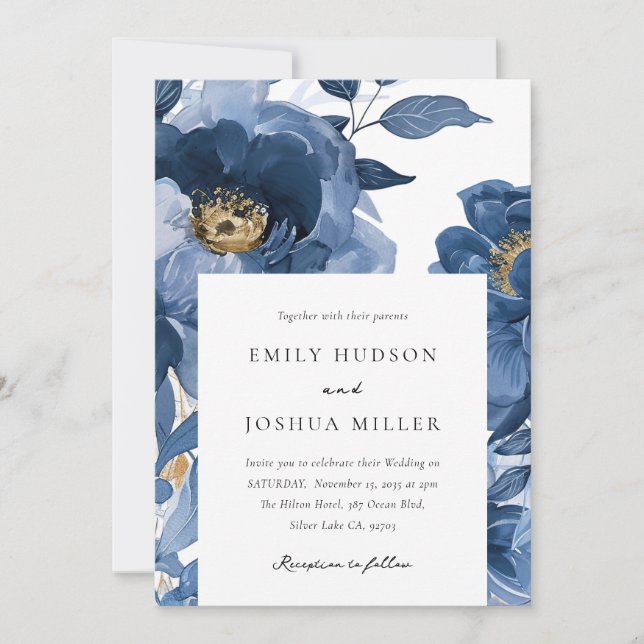 Invitación Floral Dusky Blue Gold Elegant Wedding (Anverso)