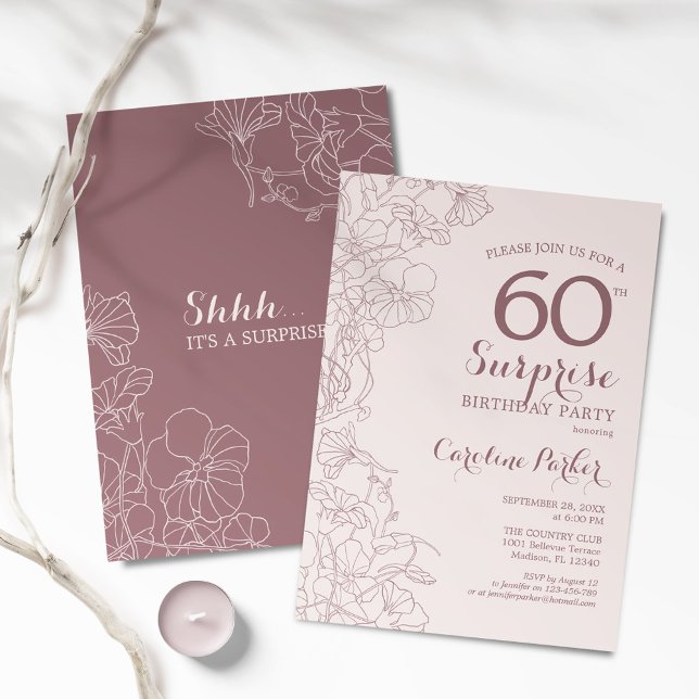 Invitación Floral Dusky Rosa Sorpresa 60 cumpleaños fiesta (Subido por el creador)