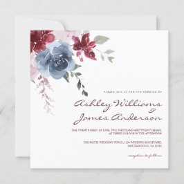 Invitación Floral Dusty Azul Borgoña Rosa Elegante Boda En