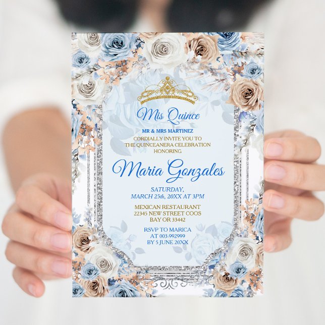 Invitación Floral Dusty Azul Chica Española Dulce Dulce 15 An (Subido por el creador)