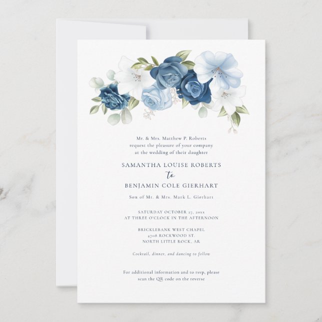 Invitación Floral Dusty Azul código QR todo en un Boda (Anverso)
