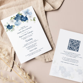 Invitación Floral Dusty Azul código QR todo en un Boda