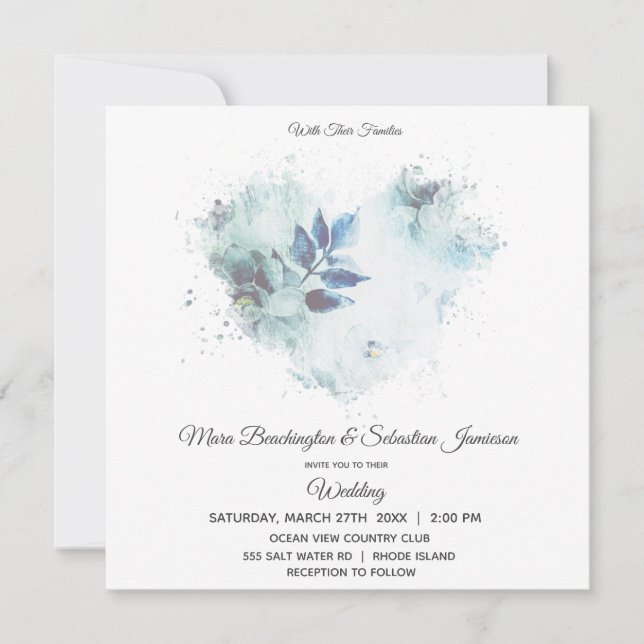 Invitación *~* Floral Dusty Azul QR RSVP Art AR26 Boda (Anverso)