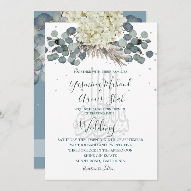 Invitación Floral Dusty Blue Bismillah Elegante Boda (Anverso / Reverso)