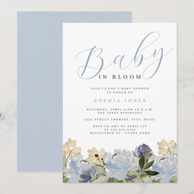 Invitación Floral Dusty Blue Boy Baby en Bloom Baby Shower (Anverso / Reverso)