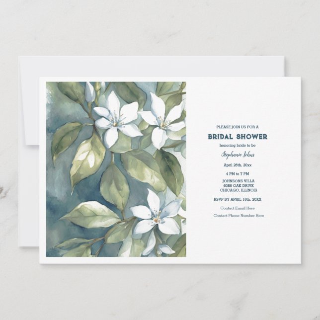 Invitación Floral Dusty Blue Bridal Shower Boda Greenery (Anverso)