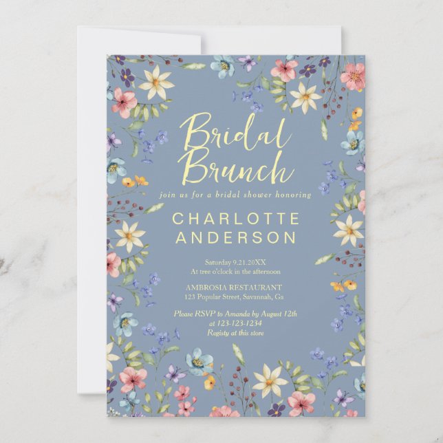Invitación Floral Dusty Blue Bridal Shower Bridal Brunch (Anverso)