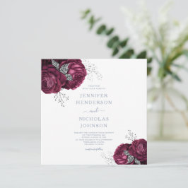 Invitación Floral Dusty Blue Burgundy Peonies Elegante Boda