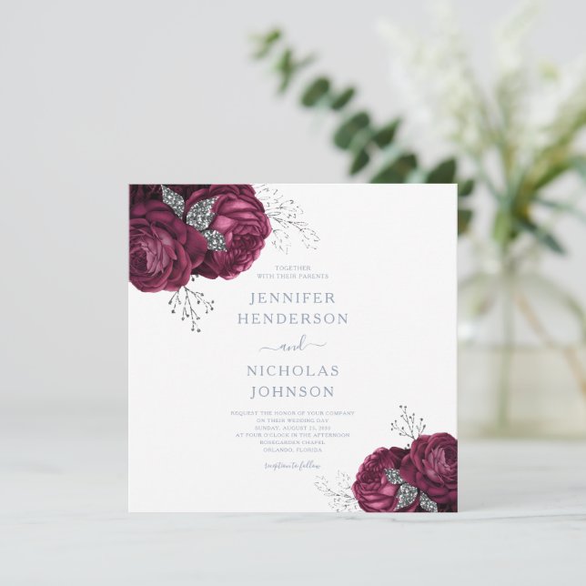 Invitación Floral Dusty Blue Burgundy Peonies Elegante Boda (Anverso de pie)