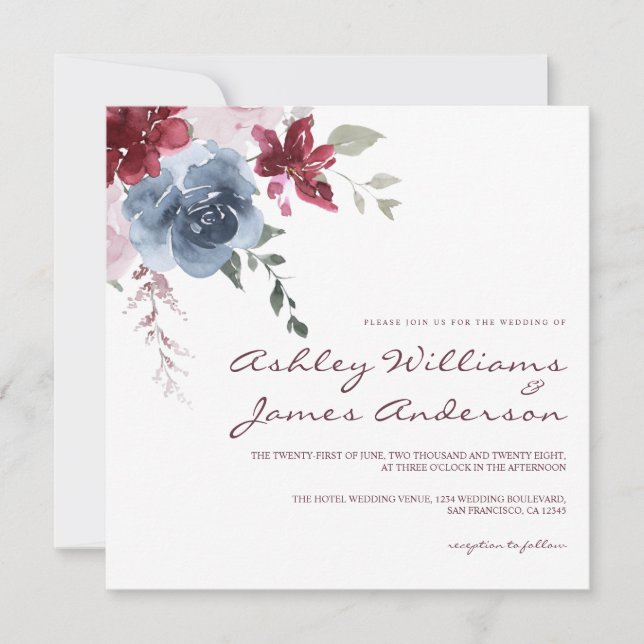 Invitación Floral Dusty Blue Burgundy Rosa Elegante Boda (Anverso)