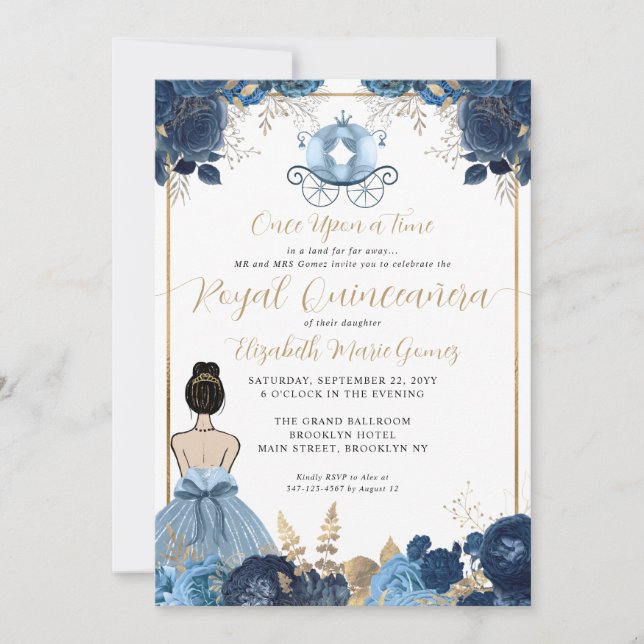 Invitación Floral Dusty Blue Cinderella Royal Quinceanera (Anverso)