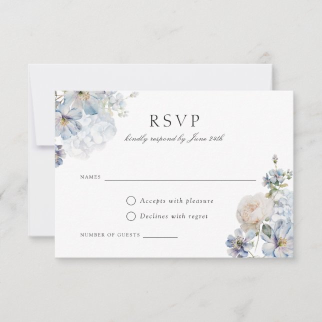 Invitación Floral Dusty Blue Elegant Rosas Rubor Boda RSVP (Anverso)