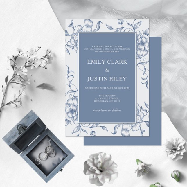 Invitación Floral Dusty Blue Elegant Wedding (Subido por el creador)