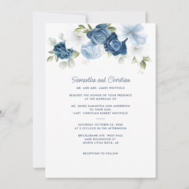Invitación Floral Dusty Blue Greeneration Typography Boda (Anverso)