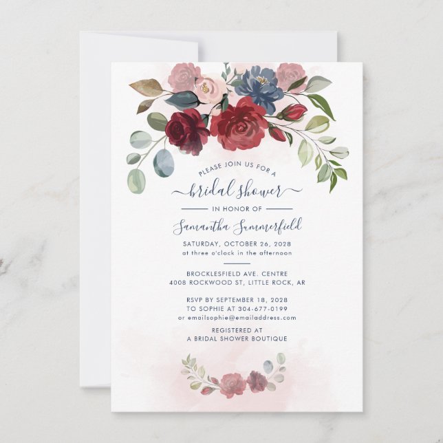 Invitación Floral Dusty Blue Greenery Bridal Shower (Anverso)
