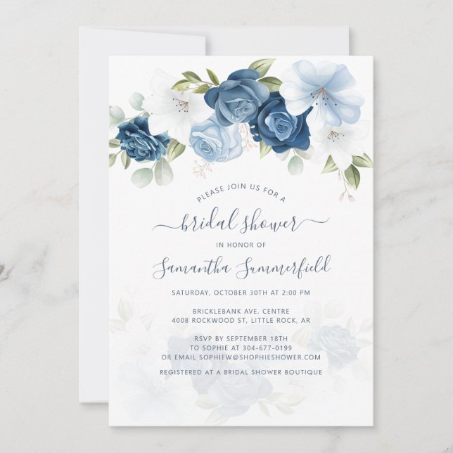 Invitación Floral Dusty Blue Greenery Foliage Bridal Shower (Anverso)
