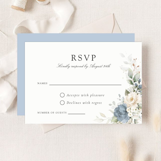 Invitación Floral Dusty Blue Greenery Wedding RSVP Card (Subido por el creador)