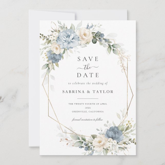 Invitación Floral Dusty Blue Greenery Wedding Save The Date (Anverso)