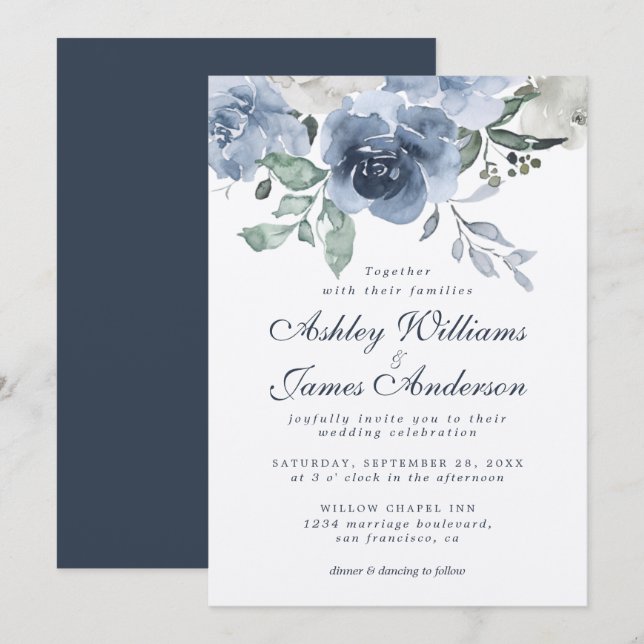 Invitación Floral Dusty Blue Ivory Rosa Boda Azul oscuro (Anverso / Reverso)