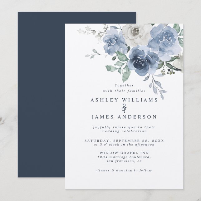 Invitación Floral Dusty Blue Ivory Rosa Boda Azul oscuro (Anverso / Reverso)