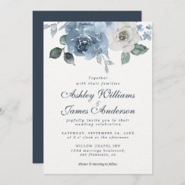 Invitación Floral Dusty Blue Ivory Rosa Boda Azul oscuro