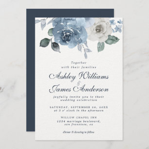 Invitación Floral Dusty Blue Ivory Rosa Boda Azul oscuro