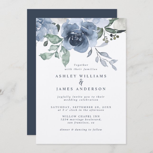 Invitación Floral Dusty Blue Ivory Rosa Boda Azul oscuro (Anverso / Reverso)