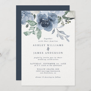 Invitación Floral Dusty Blue Ivory Rosa Boda Azul oscuro