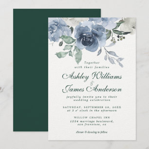 Invitación Floral Dusty Blue Ivory Rosa Dark Green Boda