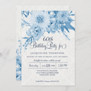 Invitación Floral Dusty Blue Lace Damask de cumpleaños 60