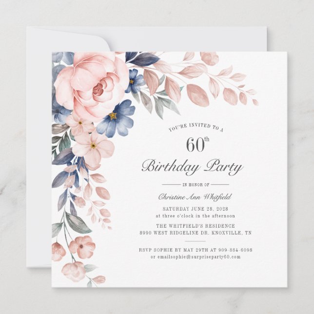 Invitación Floral Dusty Blue Pink 60 cumpleaños (Anverso)