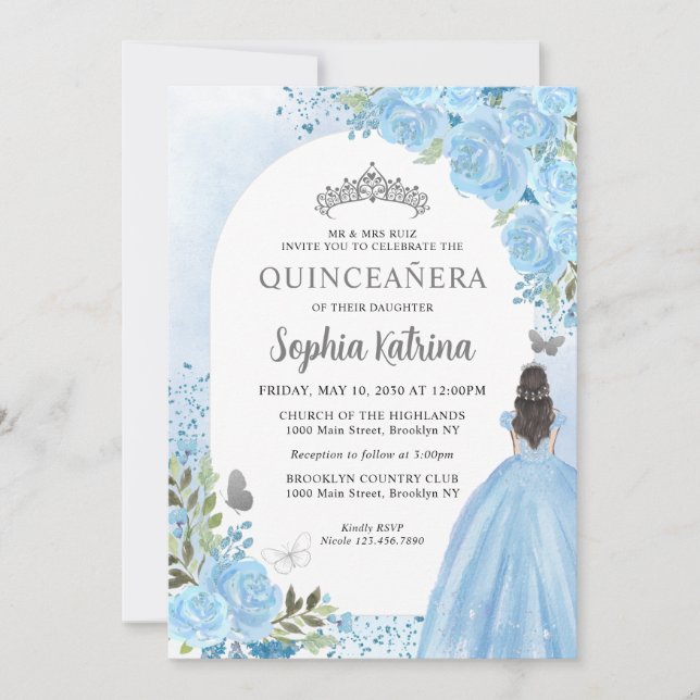 Invitación Floral Dusty Blue Princess Birthday Quinceanera (Anverso)