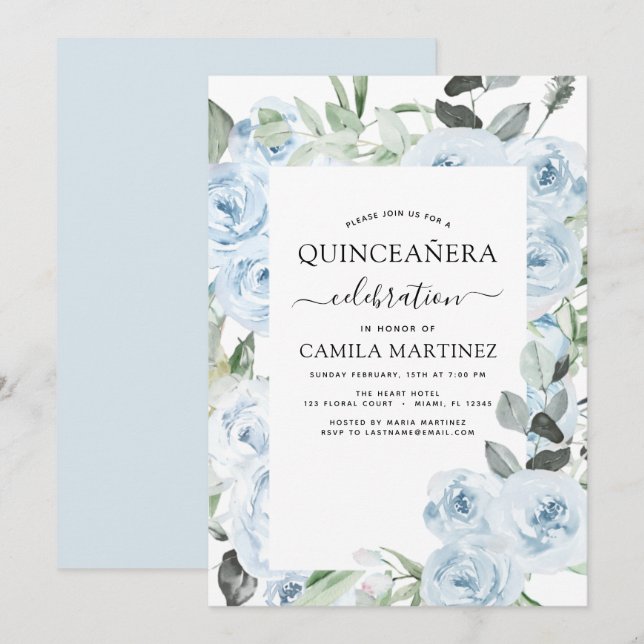 Invitación floral Dusty Blue Quinceañera (Anverso / Reverso)