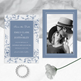 Invitación Floral Dusty Blue Save the Date Photo Boda