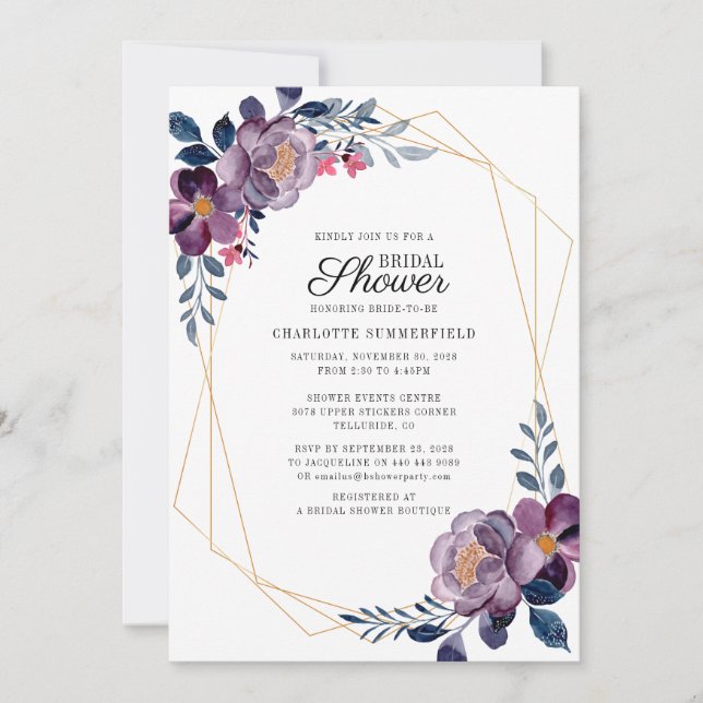 Invitación Floral Dusty Blue Script ducha geométrica de novia (Anverso)
