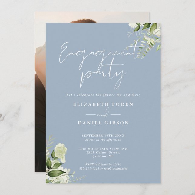 Invitación Floral Dusty Blue Script Photo Engagement Party (Anverso / Reverso)