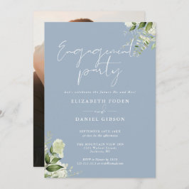 Invitación Floral Dusty Blue Script Photo Engagement Party