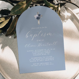 Invitación Floral Dusty Blue Silver Cross Arch Boys Bautismo