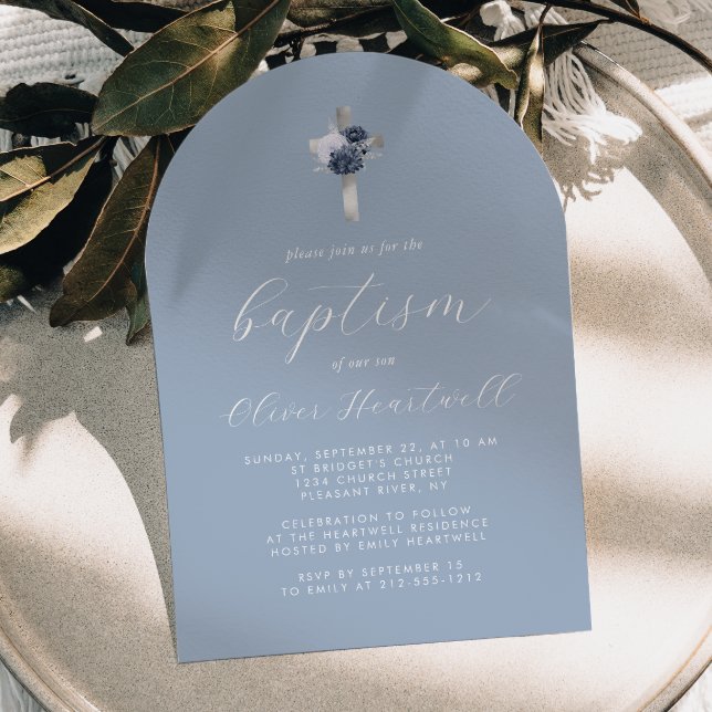 Invitación Floral Dusty Blue Silver Cross Arch Boys Bautismo (Subido por el creador)