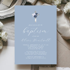 Invitación Floral Dusty Blue Silver Cross Boys Bautismo