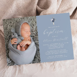 Invitación Floral Dusty Blue Silver Cross Photo Boys Bautismo
