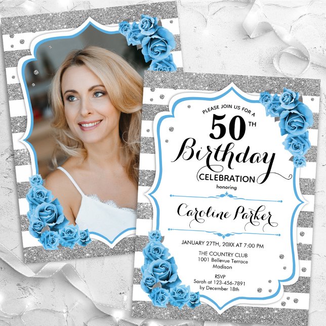 Invitación Floral Dusty Blue Silver Foto 50 cumpleaños (Subido por el creador)